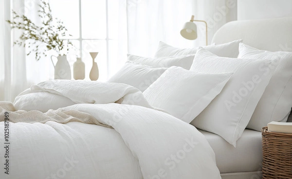 Fototapeta Bright, cozy bedroom with a neatly made bed, white linens, and natural light streaming through a large window.