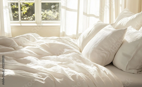 Fototapeta Bright, cozy bedroom with a neatly made bed, white linens, and natural light streaming through a large window.