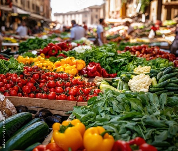Fototapeta A Vibrant Market Scene In Tuscany, With Stalls Displaying Fresh Vegetables, Herbs, And Local Specialties Like Tuscan Bread And Artisanal Oils, With Shoppers Interacting