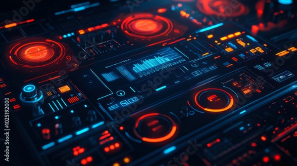 Obraz Vibrant digital interface featuring futuristic controls and glowing buttons in a high-tech environment at night