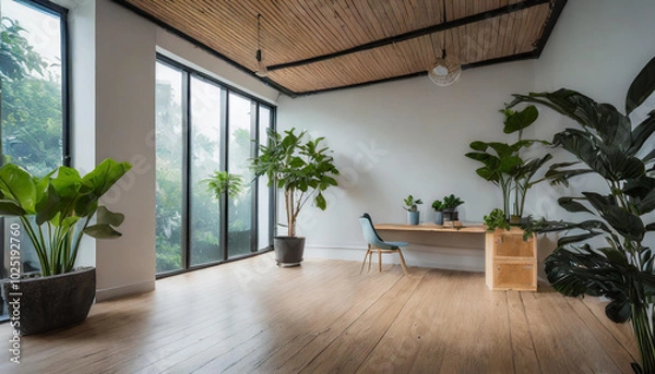 Fototapeta Bright and airy modern workspace with plants, wooden ceiling, and a minimalist desk design in a serene setting