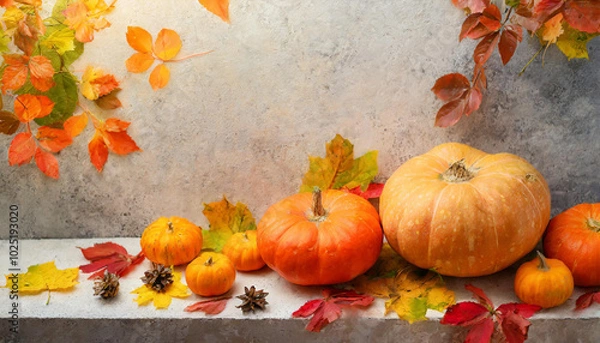 Fototapeta Autumn display with pumpkins, colorful leaves, and pine cones arranged on a surface in a cozy setting during fall