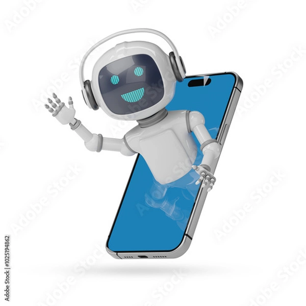 Obraz Cute robot coming out of a mobile phone screen isolated on white background. 3d illustration.
