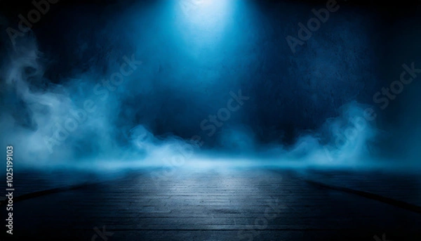 Fototapeta Mysterious blue fog envelops a dimly lit stage in an atmospheric setting during a nighttime performance