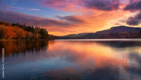Fototapeta Stunning sunset over tranquil lake surrounded by autumn trees and distant mountains reflecting vibrant colors in the evening sky