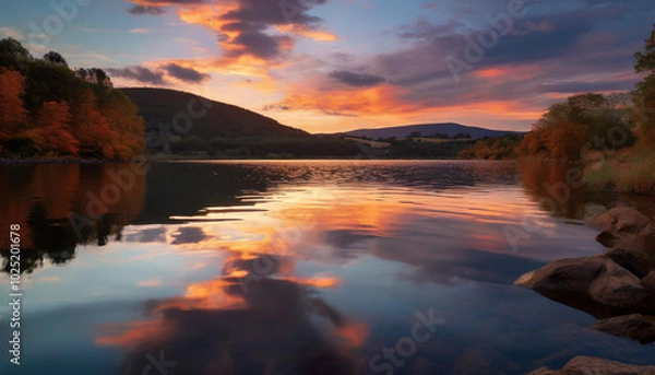 Fototapeta Stunning sunset over a tranquil lake with vibrant reflections and colorful skies in the countryside
