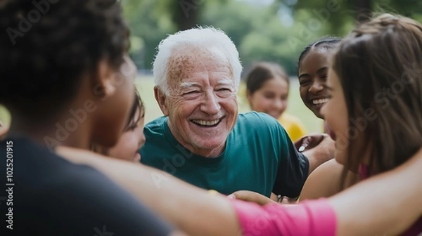 Obraz An man with white hair smiles warmly at the camera, surrounded by a diverse group of friends of various ages hugging and laughing in a park. 