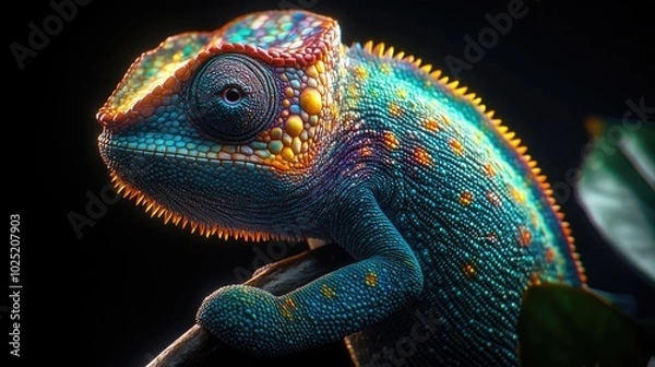 Fototapeta A chameleon with radiant, metallic scales, its iridescent body glowing softly against a black background.