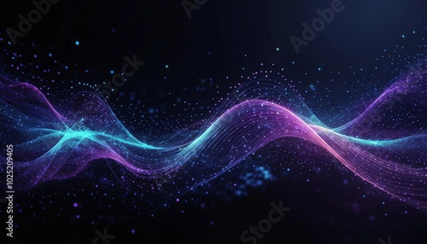 Fototapeta Futuristic Data Stream with Flowing Digital Particles, Glowing Blue and Purple Dots, Abstract Technology Background