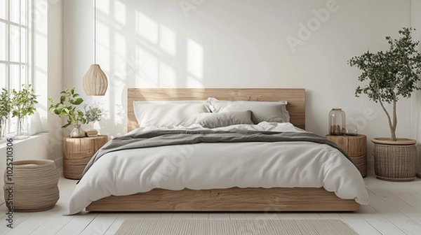 Fototapeta Scandinavian bedroom with white walls, light wood accents, and minimalist furniture in a cozy space
