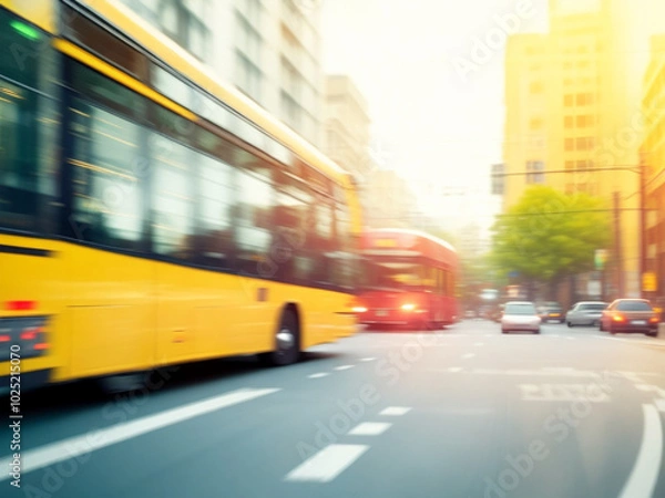 Fototapeta Yellow bus and red tram navigate busy urban street during late afternoon rush hour traffic