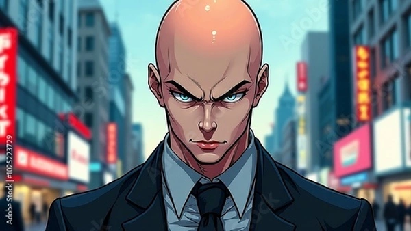 Fototapeta A man with a bald head and a suit on his head is looking at the camera.