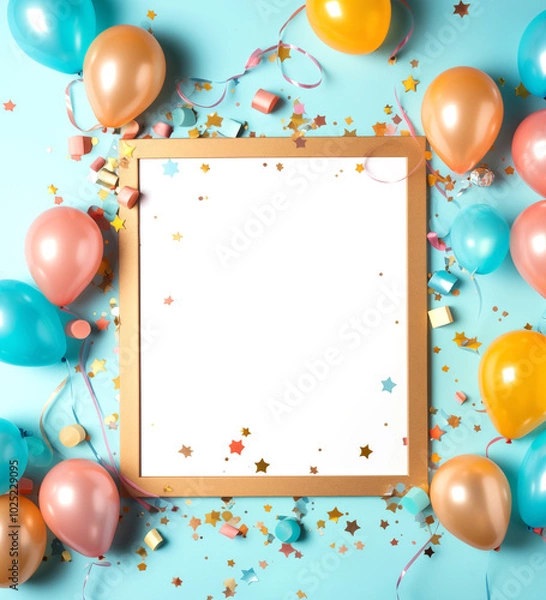 Fototapeta Colorful party frame with balloons and confetti for invitation background