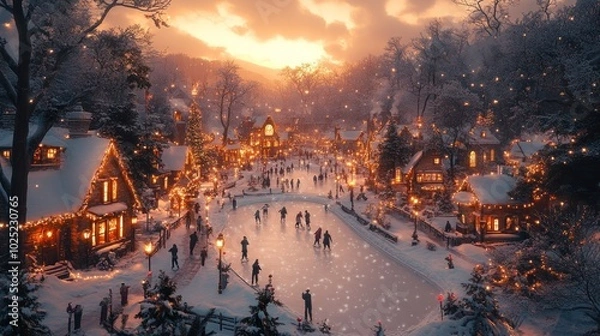 Fototapeta A snowy village at sunset with an ice skating rink in the center. People are ice skating and walking around the village. The houses are decorated with lights and there are trees in the background.