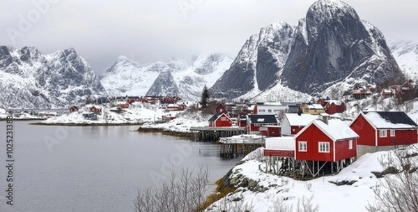 Obraz An afternoon scene depicting Sakrisoy village, Norway, Europe. A magnificent view of the Lofoten Islands. A picturesque seascape of the Norwegian Sea. An unspoilt winter scene.