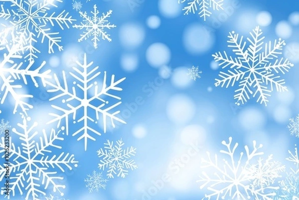 Fototapeta An image of a winter wonderland with falling snowflakes and bokeh lights in the background.