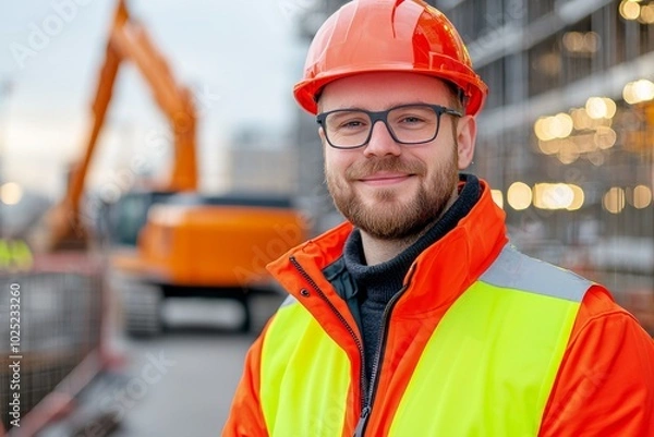Fototapeta Worker with helmet on building site. Bulldozer excavator man with bulldozer on the background. Construction worker with tractor at building site.