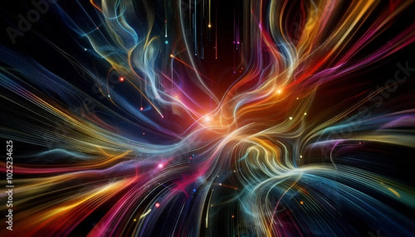 Fototapeta Vor einem dunklen Hintergrund sieht man bunte abstrakte Linien und Wellen, die ineinander zerfließen