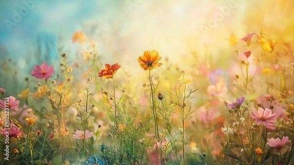 Fototapeta   A painting of a blue sky with a field of yellow and pink flowers in the foreground