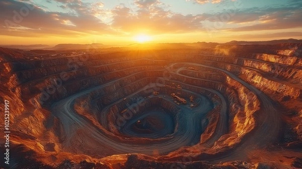 Fototapeta Aerial view of a large open-pit mine during a beautiful sunset.