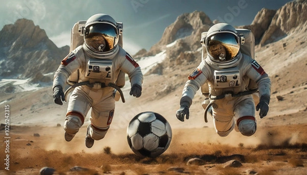 Fototapeta Astronauts playing soccer on a distant planet with mountains in the background during bright daylight