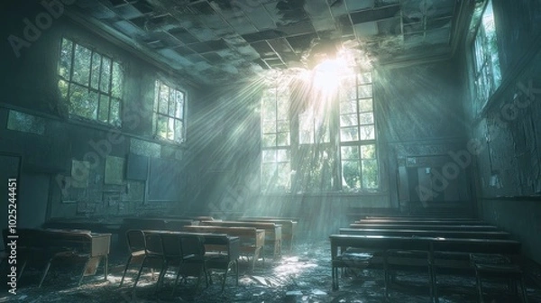 Fototapeta Sunbeams Illuminate an Abandoned Classroom with Broken Windows and Desks