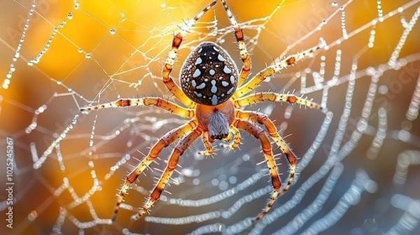 Fototapeta   A close-up photo of a spider perched on its web with droplets of dew on its back against a yellow backdrop