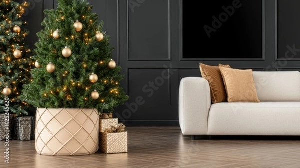 Fototapeta The tall Christmas tree shines with warm lights, nestled in a woven basket against a dark grey background, bringing a cozy holiday spirit to any room