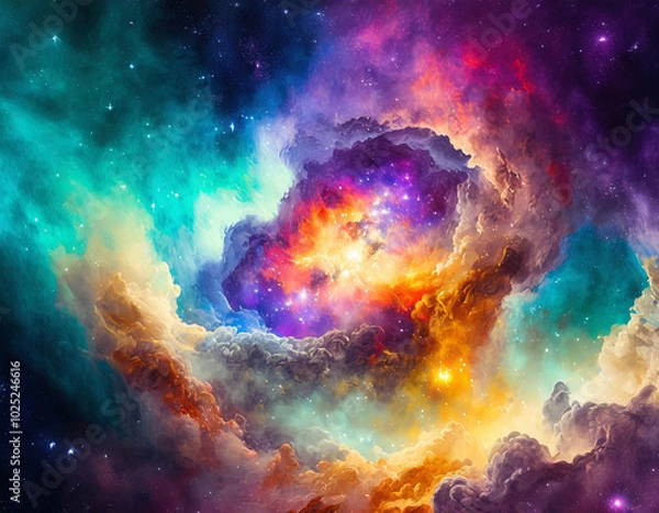 Fototapeta Captivating cosmic nebula swirling with colorful gases and stars in deep space during the universe's birth