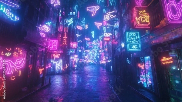 Fototapeta Neon Signs Illuminate a Wet, Empty City Alleyway