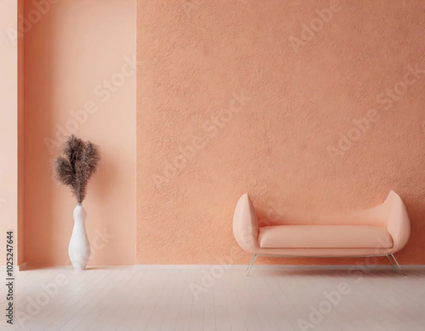 Fototapeta Modern minimalistic interior with peach walls and stylish furniture in a bright living room