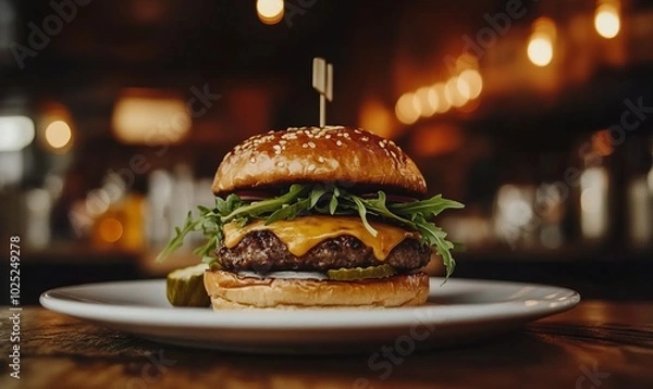 Fototapeta Cheeseburger with rocket in a brioche bun