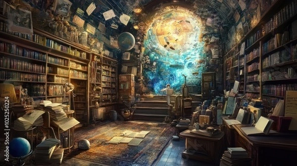 Fototapeta A Mystical Library Interior with a Globe and a Book-Filled Ceiling
