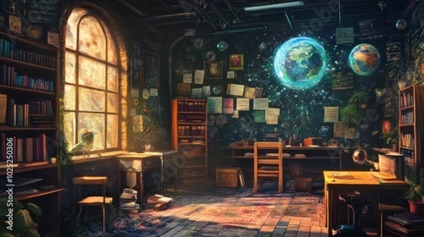 Fototapeta A Room with a View of Earth and Stars Through a Window