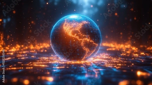 Obraz A glowing blue and orange digital globe with continents and a surrounding abstract background.