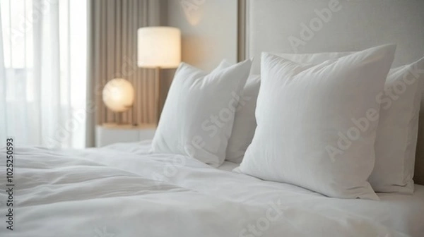 Fototapeta White pillow bed inside the bedroom house generative ai