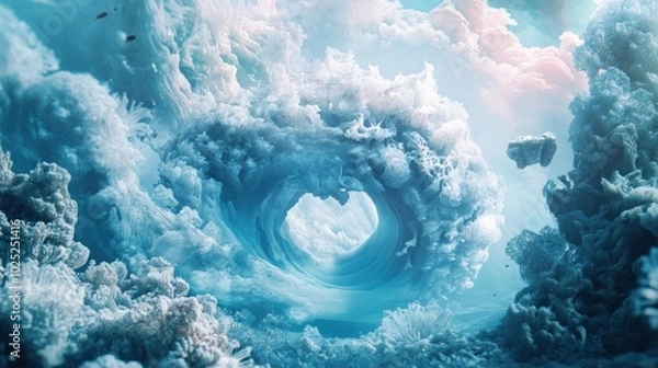 Fototapeta Abstract Underwater Scene with a Circular Formation of Blue and White Coral