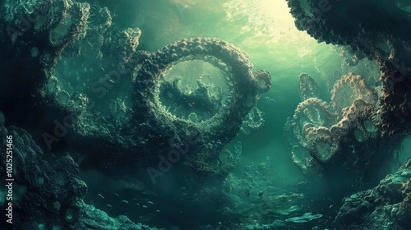 Fototapeta Underwater Grotto with Bioluminescent Formations and Fish