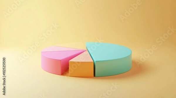 Fototapeta Colorful 3D pie chart with transparency and lighting effects on a plain light yellow background generative ai