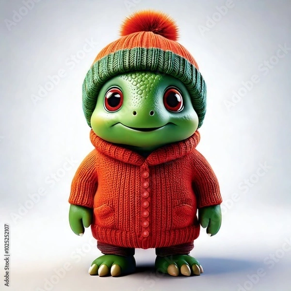 Obraz Adorable Turtle in Cozy Red Sweater and Beanie