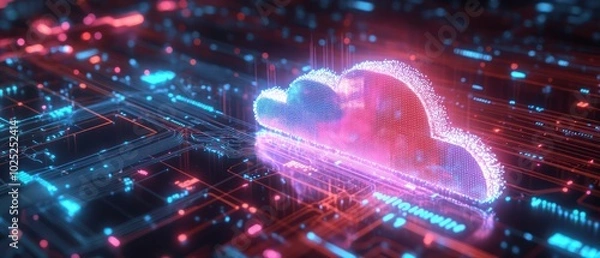 Fototapeta A glowing cloud icon on a futuristic digital circuit board.