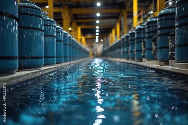 Fototapeta A long row of blue tanks with water flowing between them in a factory.