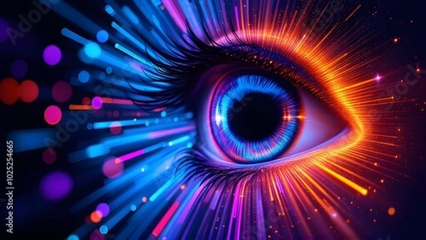 Fototapeta Futuristic Digital Eye with Neon Lights and Bokeh Effects