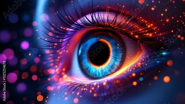 Fototapeta Futuristic Digital Eye with Neon Lights and Bokeh Effects