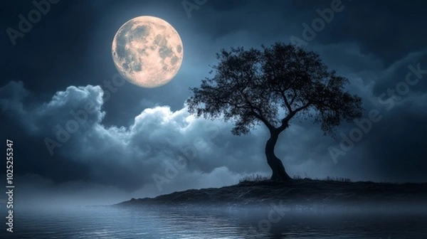 Fototapeta A lone tree under a supermoon, featuring a calm, mystical atmosphere. 