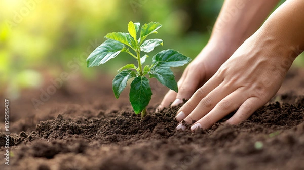 Fototapeta A person plants a small tree in the ground, adding soil around the base
