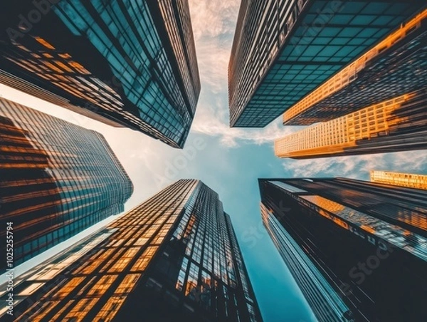 Obraz A realistic photo of a major city in the USA, showing a close-up view of skyscrapers from the perspective of a person looking up.