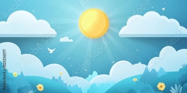 Fototapeta A bright yellow sun is shining through the clouds in a blue sky. The sun is surrounded by birds flying in the sky