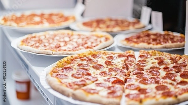 Obraz A secret pizza party during lunch in a quiet Saturday office, where adults are discreetly indulging in a playful break. 
