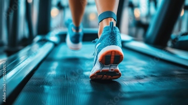 Fototapeta Close-up of a Person's Foot Running on a Treadmill